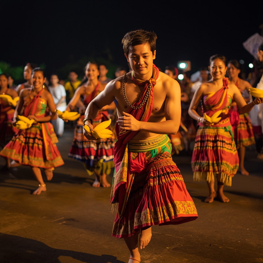 Generate from Nano Banana2: local festival celebration with traditional colorful garments, cultural dance, dynamic action, beautiful lighting